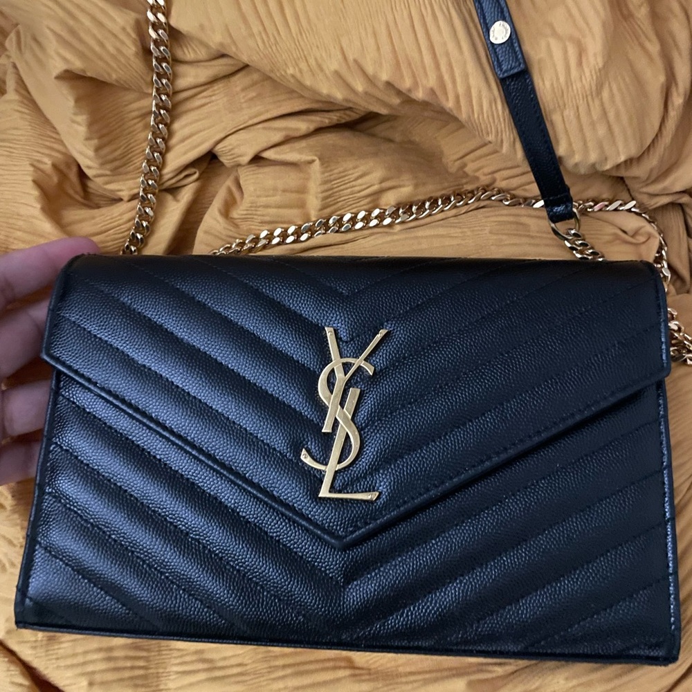 Ysl Chevron Monogram Envelope Chain Wallet Black